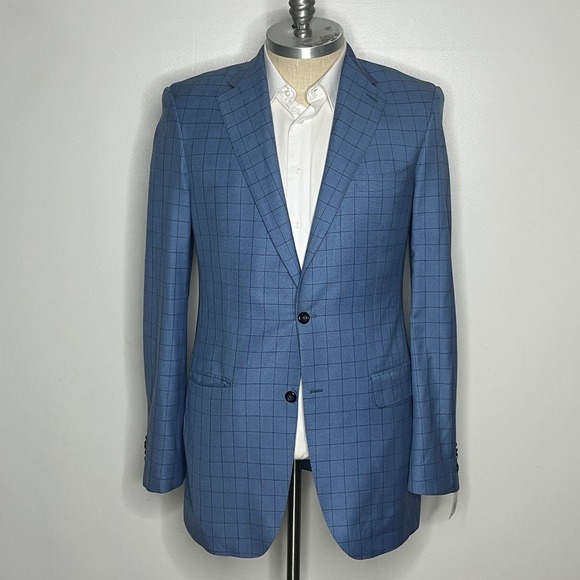 Hideoki Bespoke Blue Plaid Blazer Mens 44XL Two Button Sport Coat‎ Jacket - Picture 1 of 10